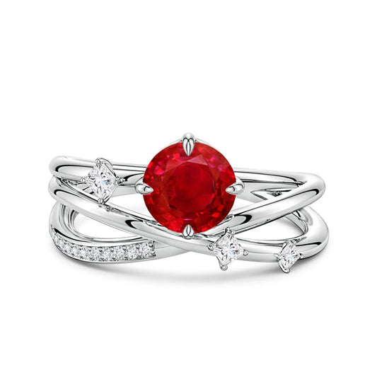 14K 18K Gold Round Cut Natural Ruby Gemstone Crossover Engagement Ring with Scattered Accent Diamond Ring Certified Fine Jewelry