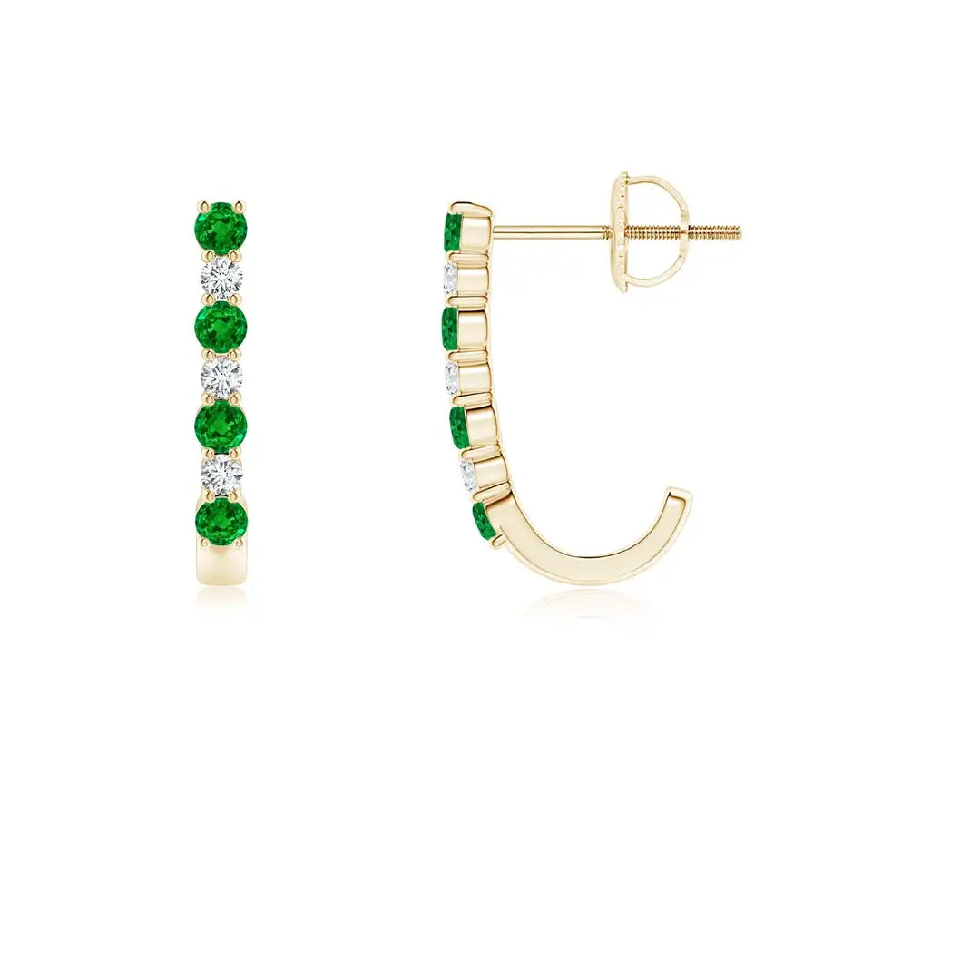 Round Cut Emerald and Diamond Huggie Earrings Fine Jewelry Everyday Wear 14kt Solid Yellow Gold May Birthstone Jewelry
