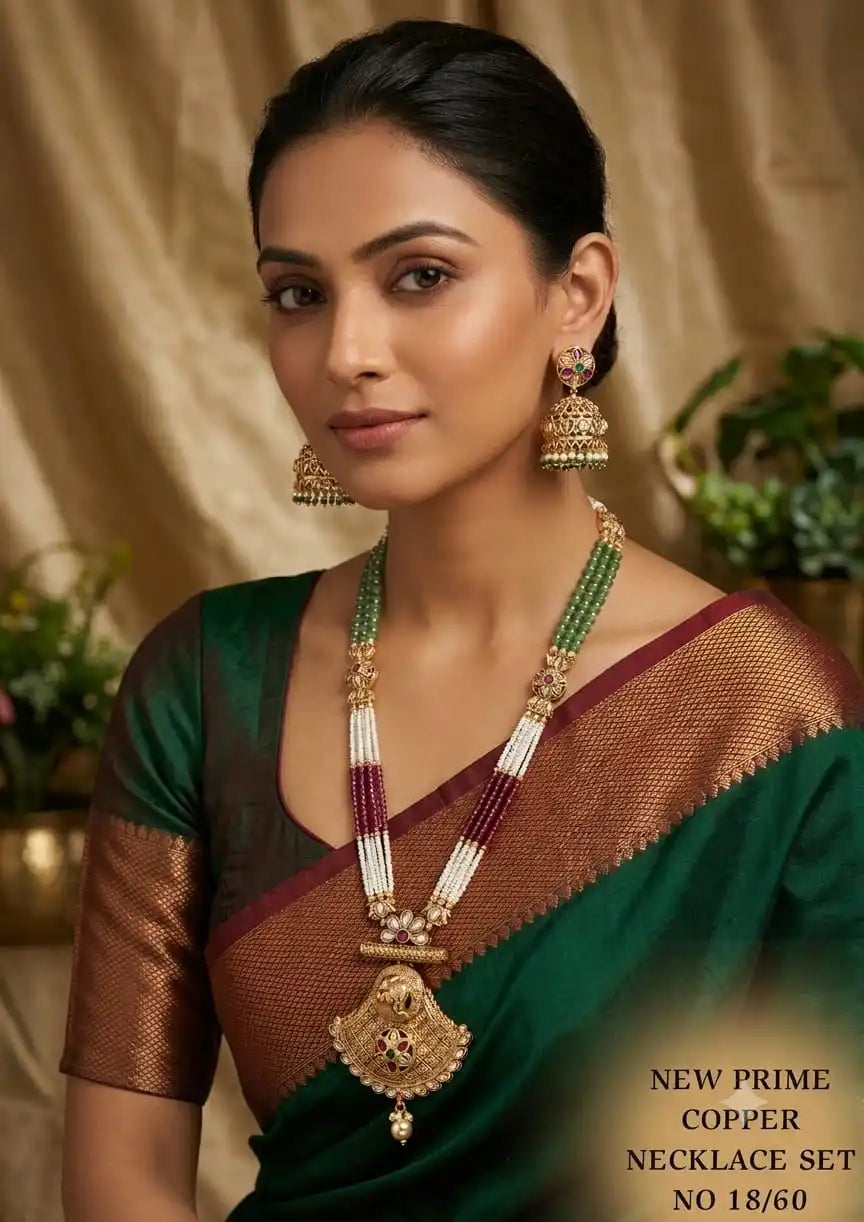 Premium Copper Temple Long Necklace Set with Beads Pendant Earrings Traditional Bridal Ethnic Jewelry for Women Gift