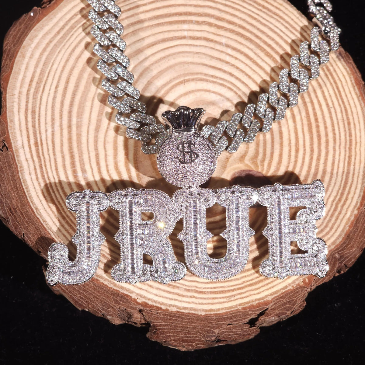 BiG-BOSS Icy Luxury Hip Hop Money Bag Bail Custom Name Men's Silver Plated Cuban Chain Iced Cushion Cut Moissanite Letter Pendants