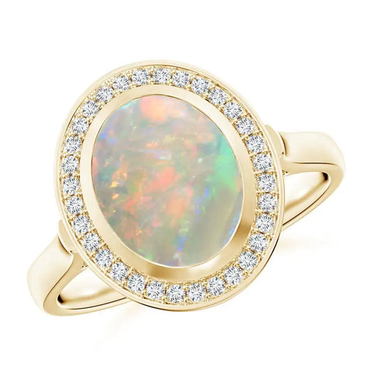14K Solid Gold 14K Solid Gold Bezel-Set Oval London Opal  Ring with Diamond Halo Handmade Customized Fine Jewelry Wedding