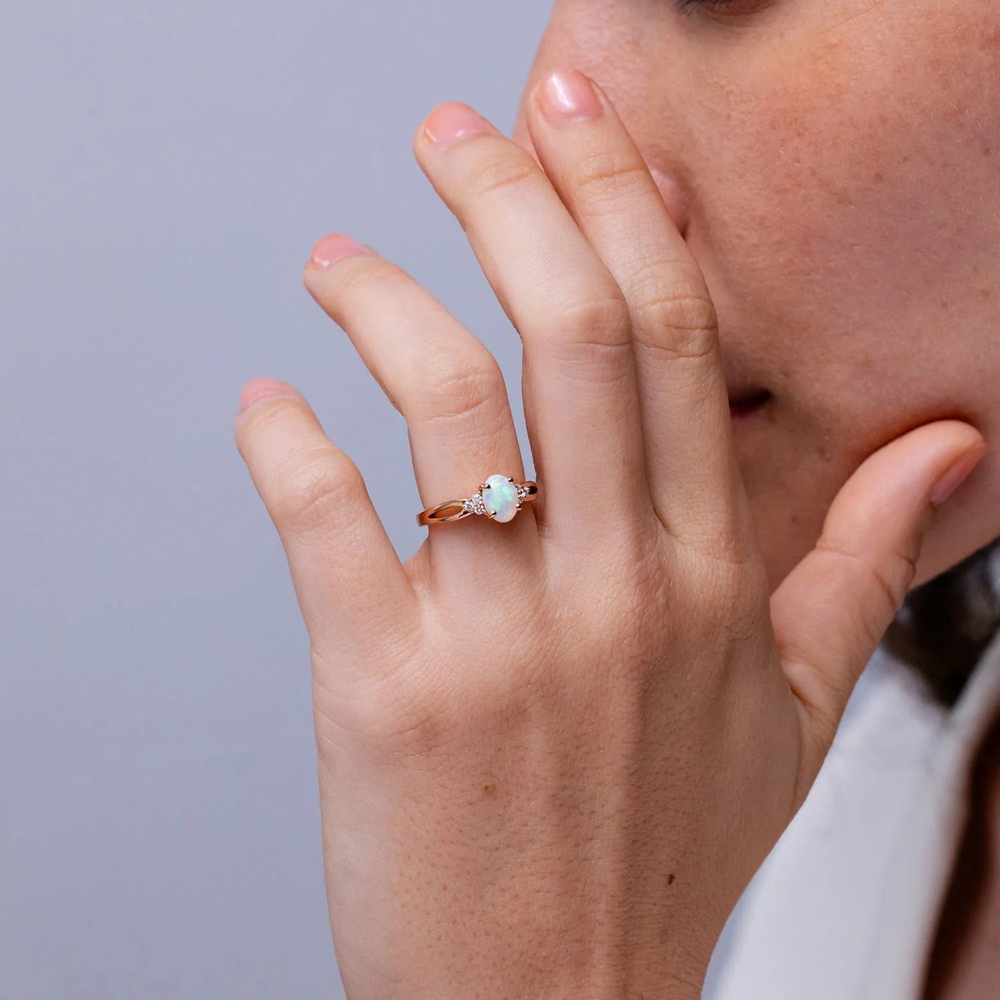 14K Solid Gold 5*7MM Oval Cut Natural Ethiopian Opal Gemstone Split Shank Solitaire Ring with SI Clarity H Color Trio Diamonds