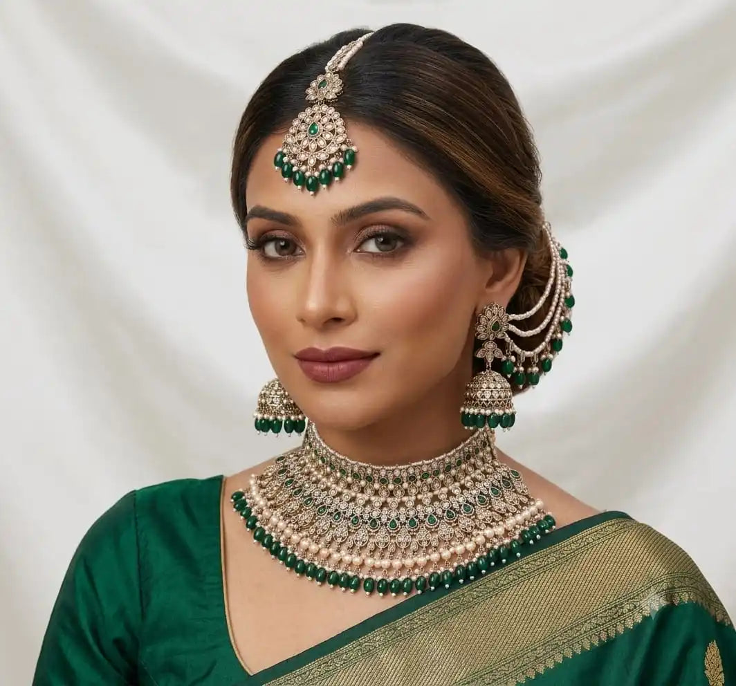 Royal Emerald Pearl AD Bridal Choker Necklace Set for Women Gold Plated Wedding Party Traditional Jewelry with Earrings Set