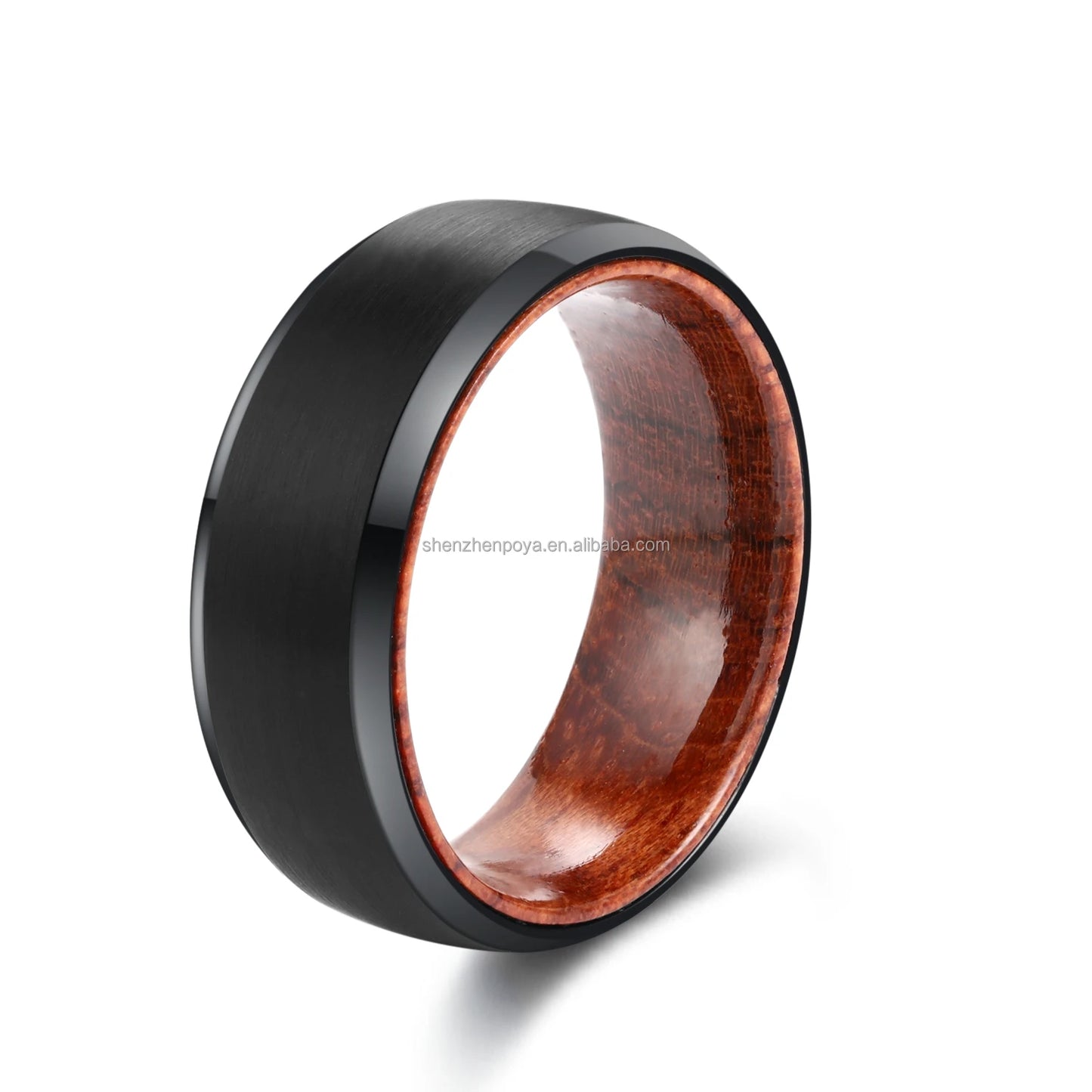 POYA 8mm Silver Black Tungsten Rose Wood Inlay Simple Mens Wedding Band Bevelved Edge Matte Finished