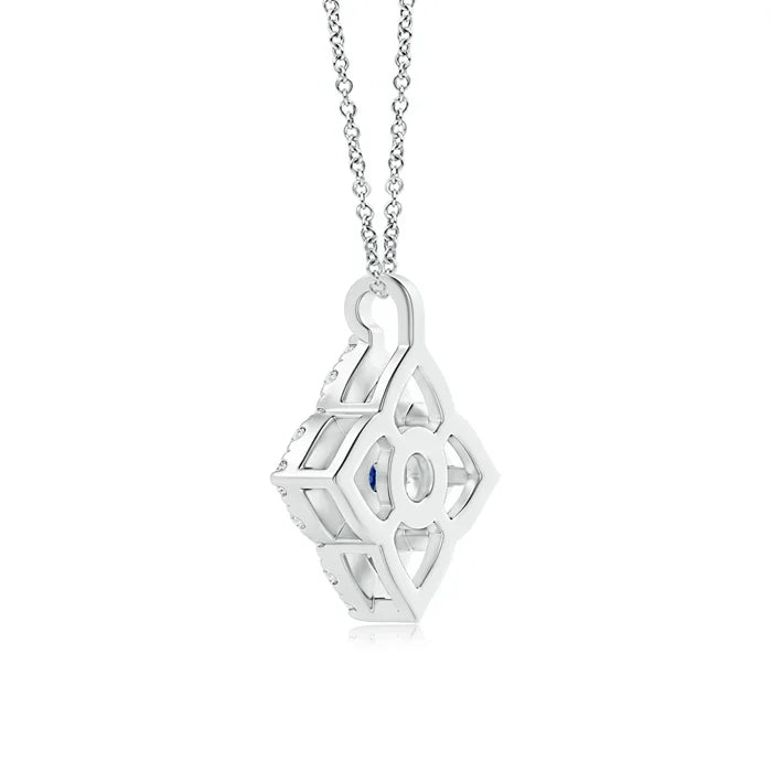 14K Gold Natural Round Blue Sapphire & Pave Sett Diamond Clover Design Pendant Link Chain Necklace Party Wear Unisex Pendant OEM