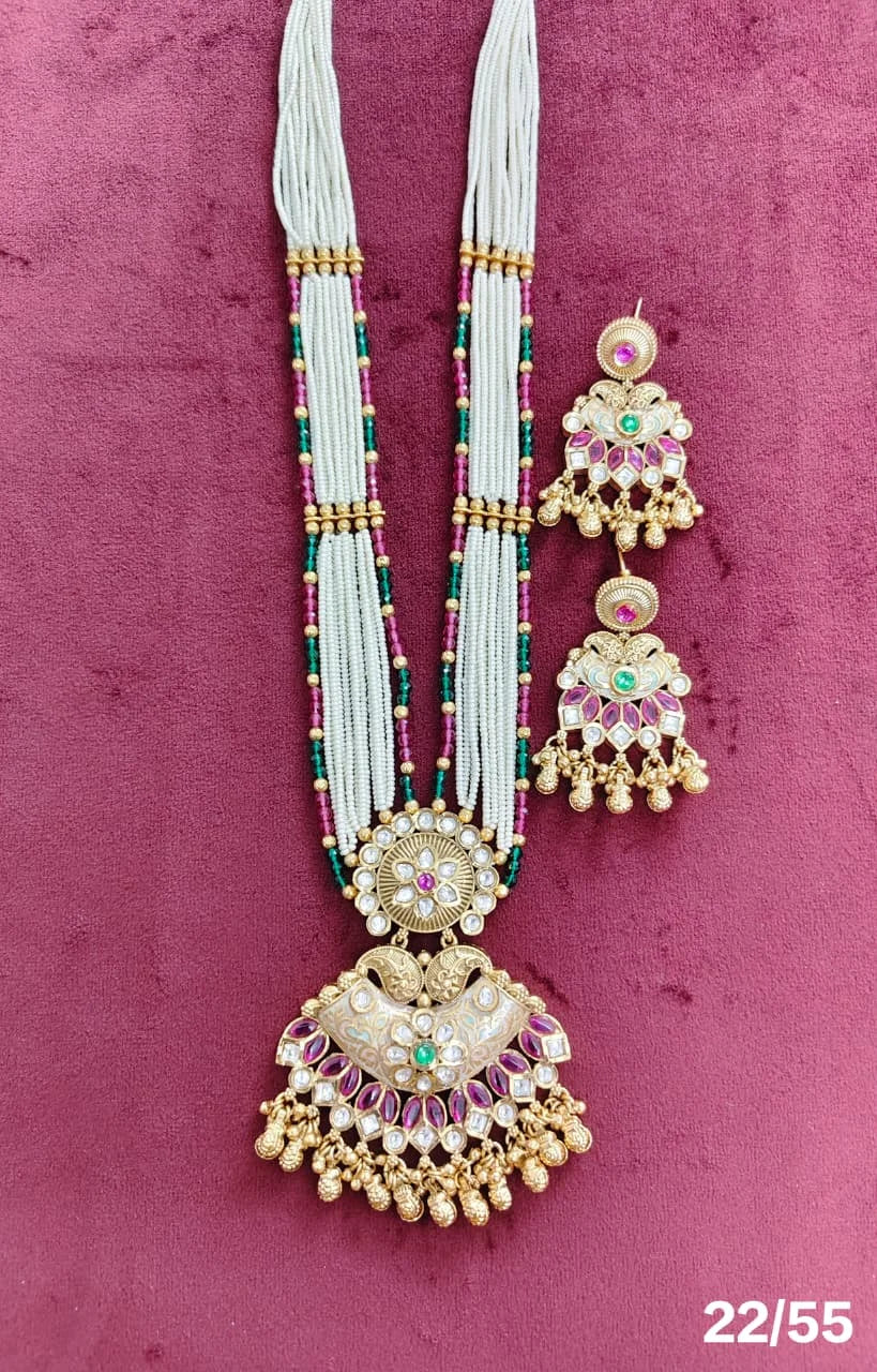 Luxury Multi Strand Pearl Beaded Temple Pendant Necklace Set for Women Gold Plated Bridal Wedding Traditional Jewelry Set