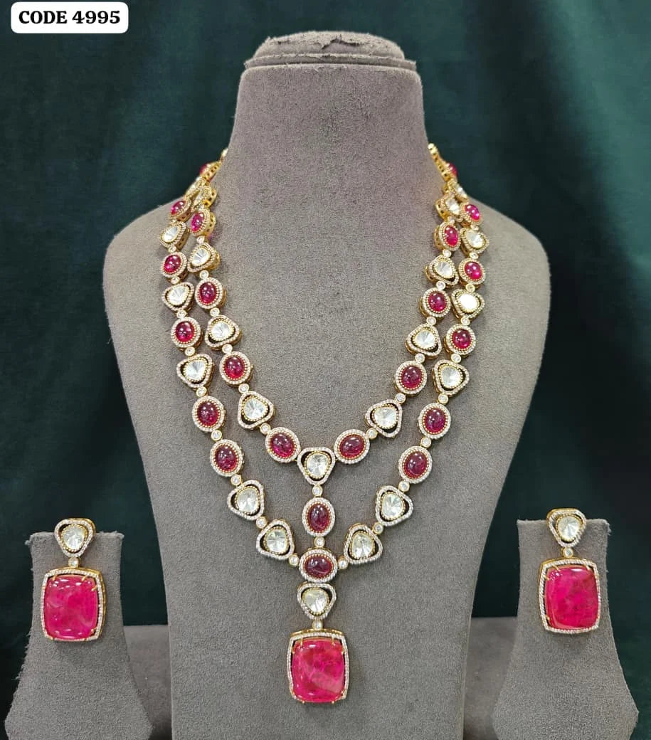 Gold Plated Ruby Pink Zircon Double Layer Necklace Set with Matching Earrings for Wedding Women's Jewelry Set For Women