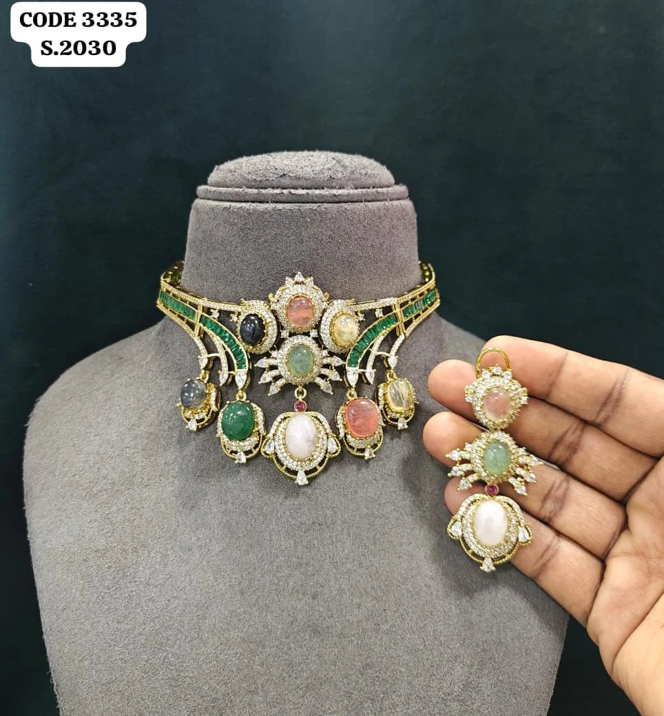 Luxury Multi Stone Bridal Choker Necklace Set for Women Wedding Party Designer Ethnic Jewelry Gift Collection Premium Set