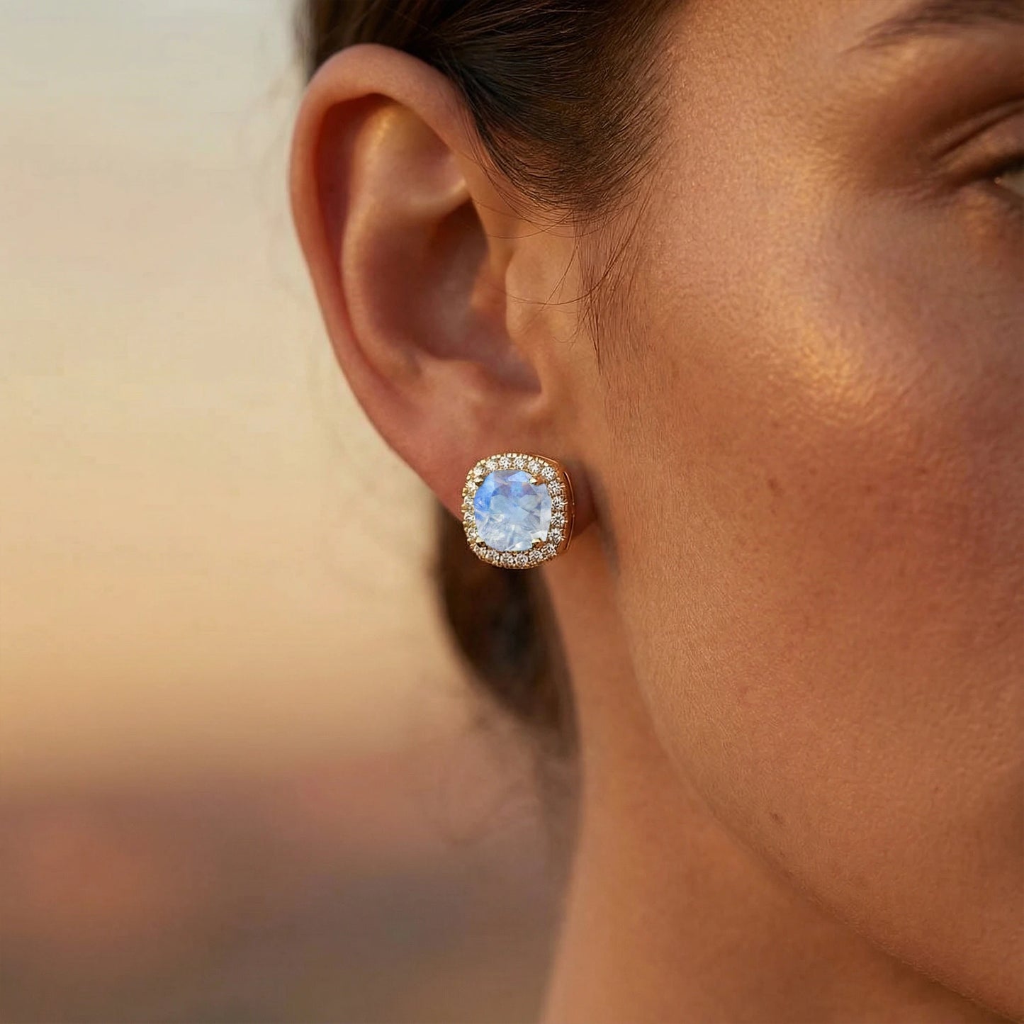 Natural Rainbow Moonstone Cushion Cut Rhodium Plated Push Back Stud Earrings With Real Diamonds 18k Solid Gold Halo Stud Earring