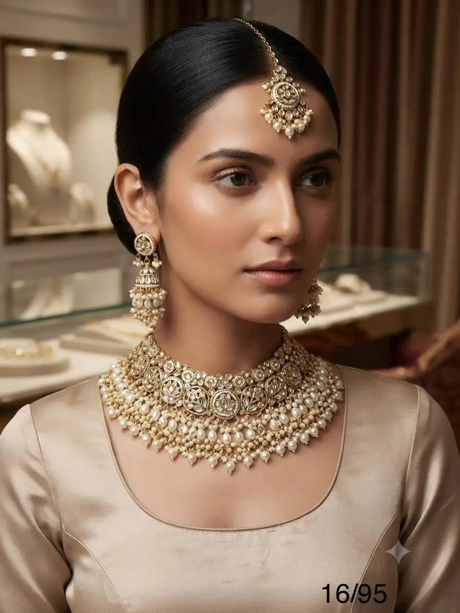 Luxury Kundan Pearl Ruby Beaded Bridal Choker Necklace Set Traditional Indian Wedding Jewelry for Women