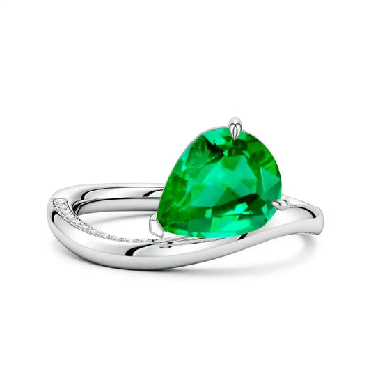 14K Solid Gold Angled Pear Emerald Curved Solitaire Engagement Ring Handmade Customized Fine Jewelry Wedding