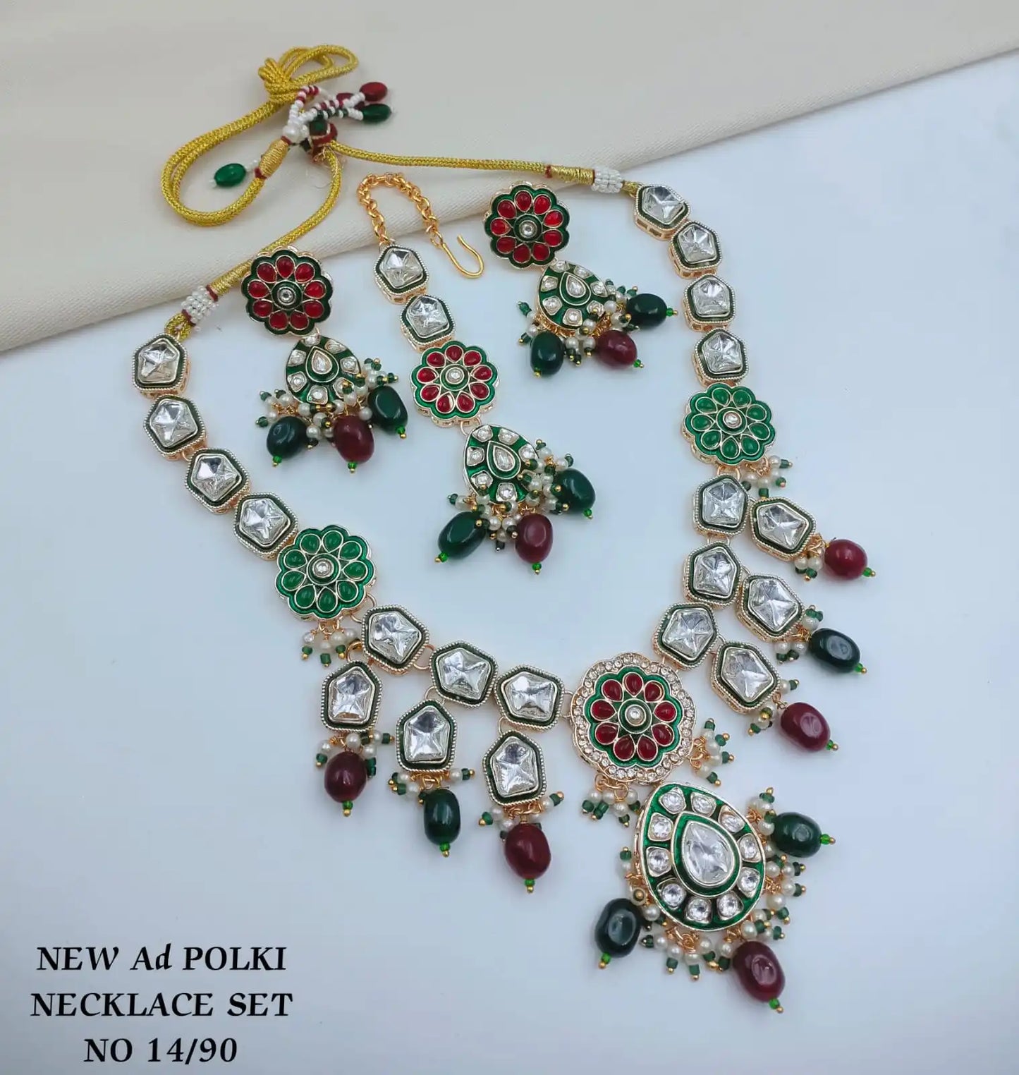 Luxury Emerald Green AD Polki Necklace Set with Matching Earrings and Maang Tikka American Diamond Cubic Zirconia jewellery set