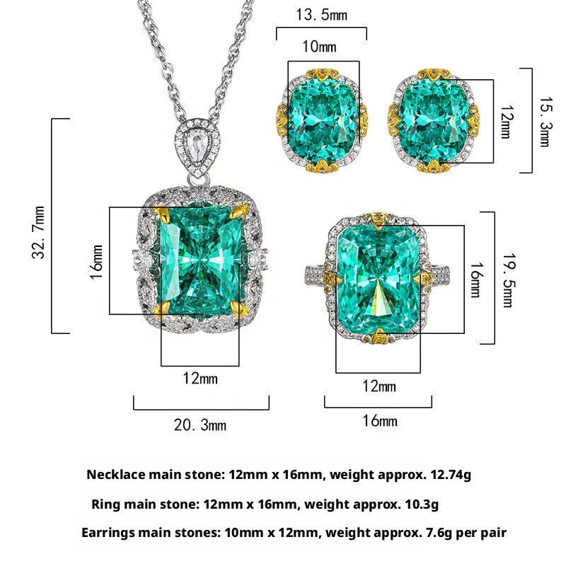 Gemfiori Luxury Retro Paraiba Green Gem Jewelry Set Copper Gold Plated Cushion Cut Green Rhinestone Halo Pendant Necklace Earrings Rings