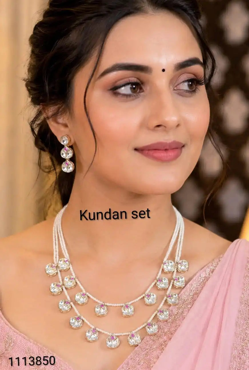 Luxury Kundan Pear l Layered Necklace Set & Green Stone Earrings Traditional Indian Bridal Wedding Jewelry for Women Party Wear