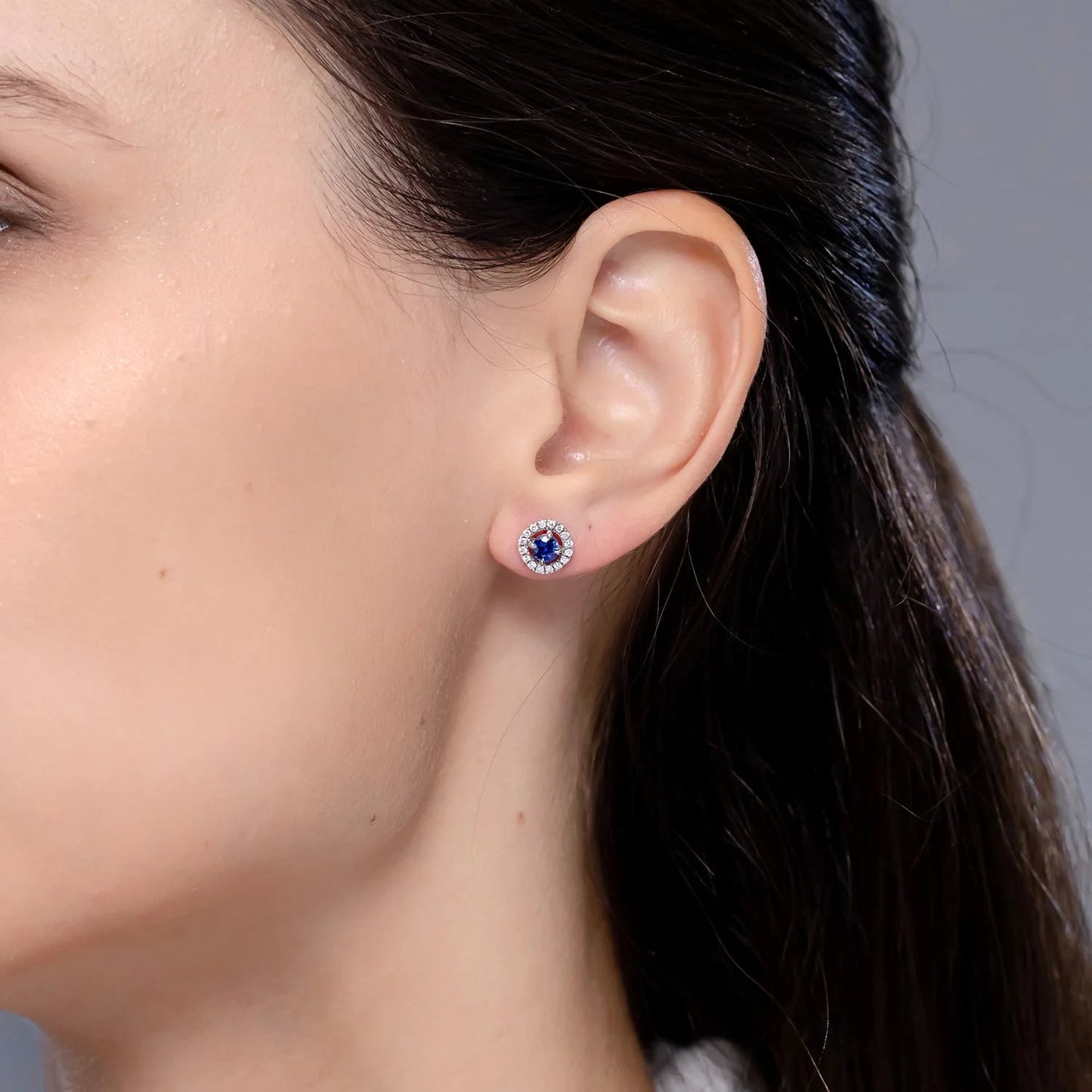 Blue Sapphire Halo Stud Earrings, 14kt Solid Gold Natural Round Sapphire Diamond Earrings, Screw Back Fine Jewelry Gift for Her