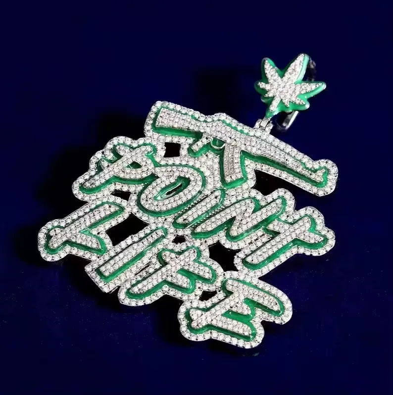 BiG-BOSS Iced Out Point Life Pendant with Green Moissanite and Rope Chain for Men