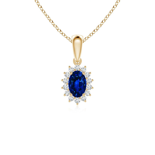 Igi Certified Top Quality Handmade Gemstone Pendant 14k Solid Gold Oval Blue Sapphire Pendant With Floral Diamond Halo Necklace