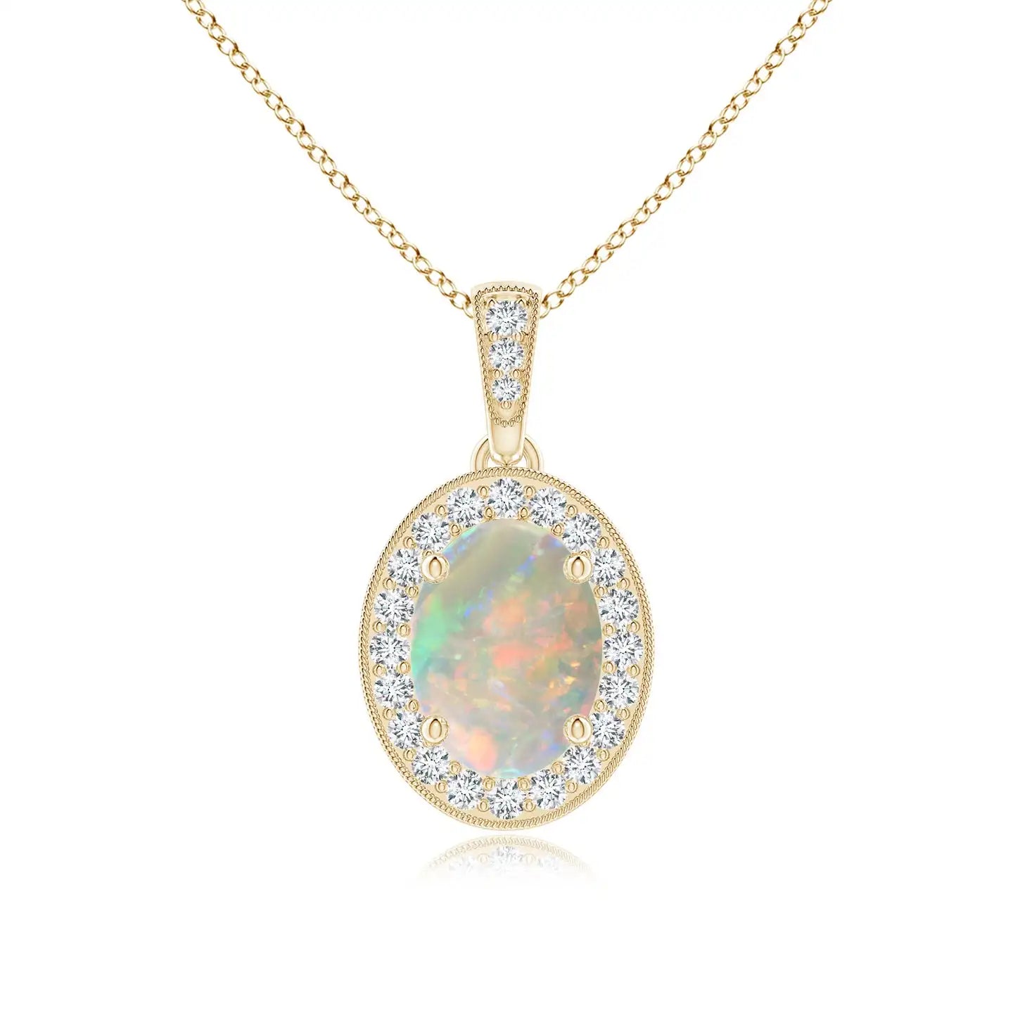 14K Gold Vintage Style Oval Cut Natural Ethiopian Opal Pendant With Diamond Halo High Quality IGI Certified Fine Jewelry Pendant