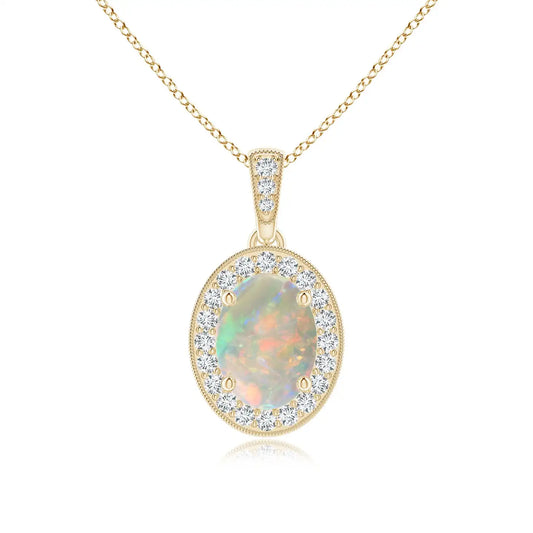 14K Gold Vintage Style Oval Cut Natural Ethiopian Opal Pendant With Diamond Halo High Quality IGI Certified Fine Jewelry Pendant