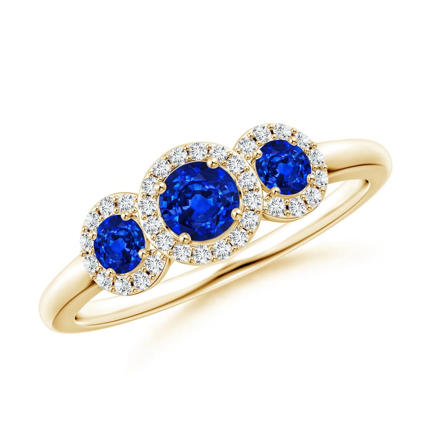14K Gold Round Cut Natural Blue Sapphire Three Stone Trilogy Ring With Accent Diamond Certified Fine Jewelry Engagement Ring RTS