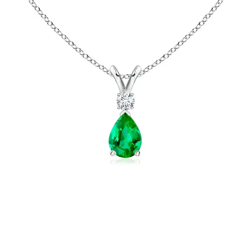 14K Gold IGI Certified 7x5MM 0.6Carat Pear Cut Natural Green Emerald & Diamond V Bale Pendant IGI Certified Fine Jewelry Pendant