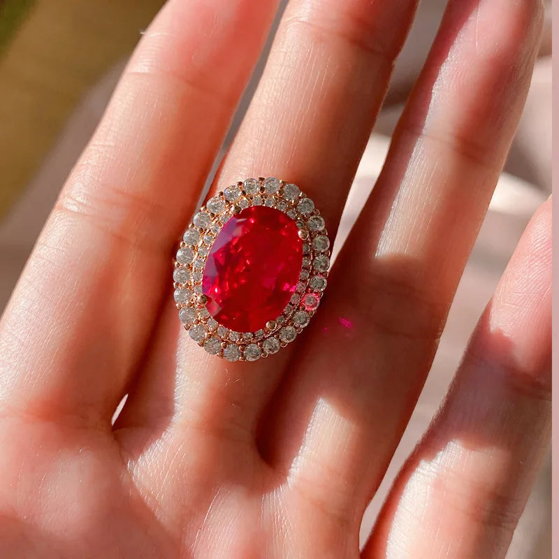 Gemfiori Luxury Brass Gold Plated Bridal Jewelry Wedding Vintage Full Zircon Oval Red Lab Diamond Necklace Drop Earrings Ring Jewelry Set