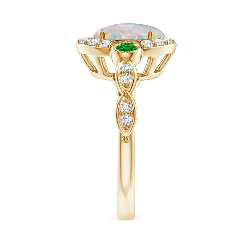 14K Solid Gold Vintage Oval Opal and Diamond Halo Ring with Bezel Emerald Handmade Customized Fine Jewelry Wedding Engagement