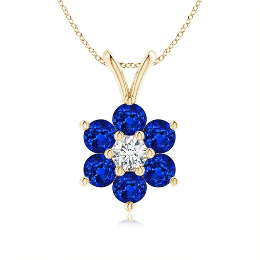 14K 18K Gold Natural Blue Sapphire Classic Six Petal Flower Shape Pendant With Center Diamond Handmade Fine Jewelry Necklace