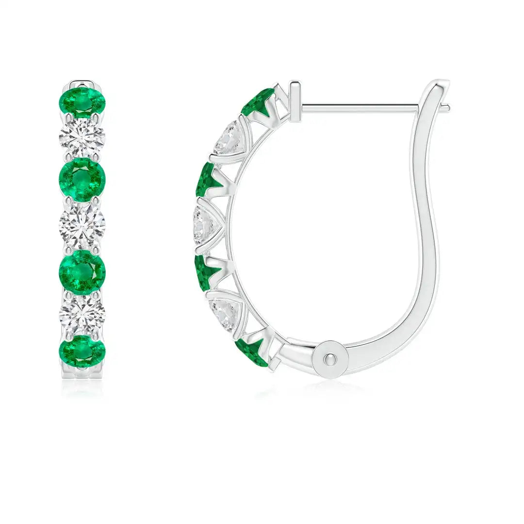 Classic 14kt Solid Gold Hoop Earrings With Emerald And Round Brilliant Cut Diamond Claw Setting Women's Jewelry