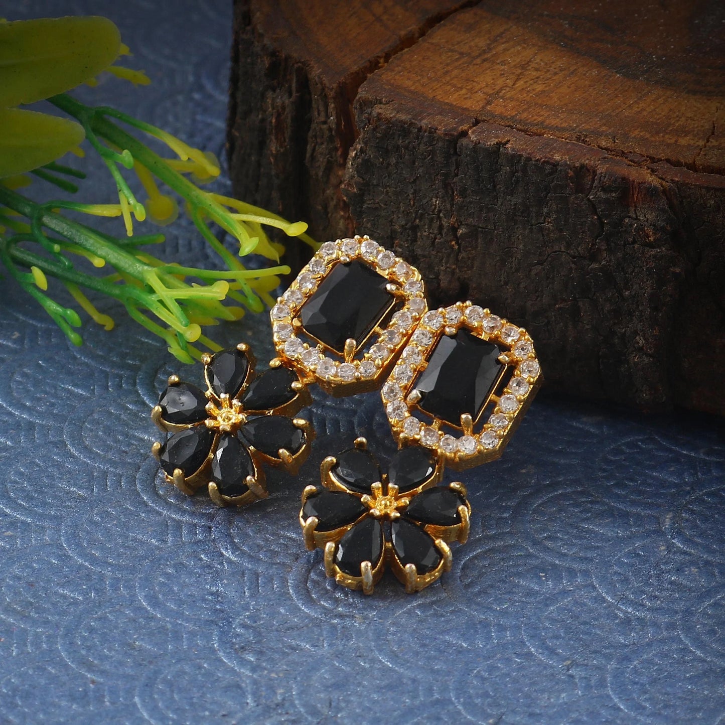 Gold Plated Brass Black Onyx & Zircon Necklace Set-Adjustable with Earrings-Geometric Design for Indian Wedding