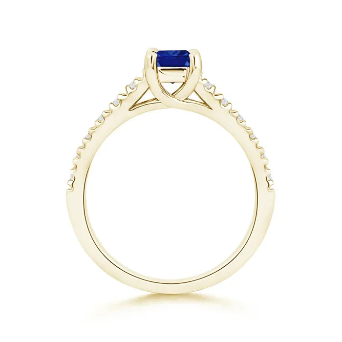 14K Solid Gold Solitaire Square Sapphire Ring with Diamond Accents Handmade Customized Fine Jewelry Wedding Engagement Ring
