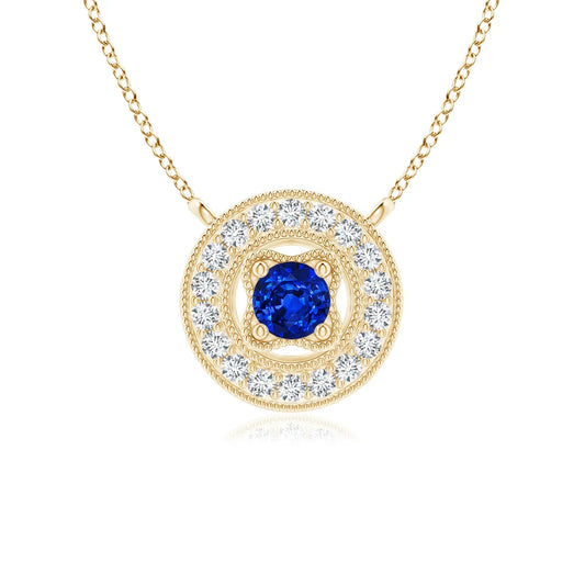 18K Solid Vintage Style Natural 2.5MM Round Cut 0.06 Ctw Blue Sapphire Halo Pendant with 0.06Ct Real Diamond Milgrain Detailing