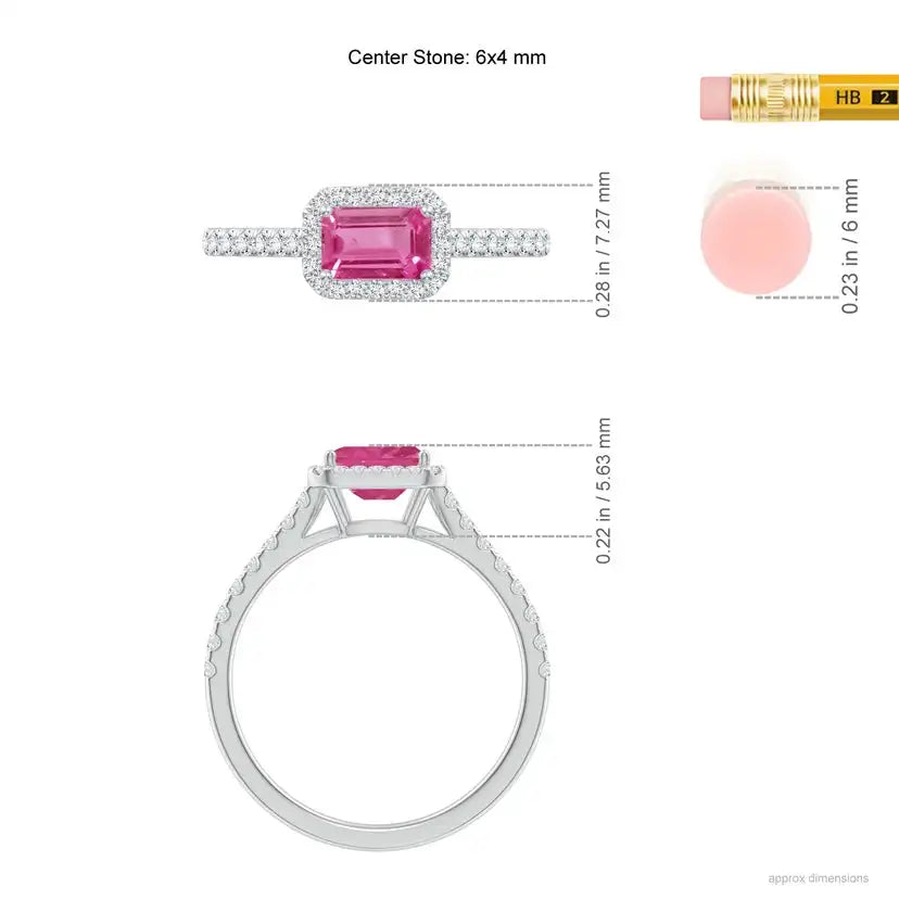 14K Solid Gold East West Emerald-Cut Pink Sapphire Halo Engagement Ring Handmade Customized Fine Jewelry Wedding Engagement