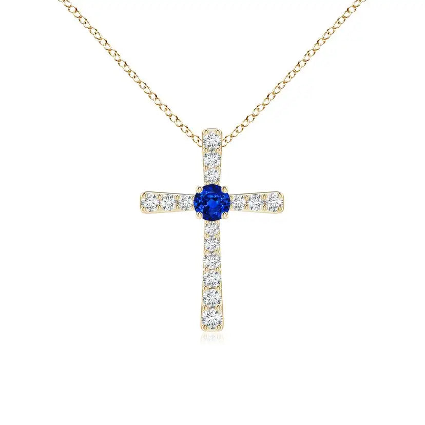 4.6 Gram 14k Gold Natural 6mm 0.75 Ctw Blue Sapphire Center Stone And 1.37 Ctw Diamond Cross Pendant New Arrival Christmas Gift