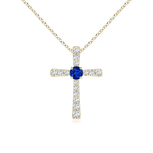 4.6 Gram 14k Gold Natural 6mm 0.75 Ctw Blue Sapphire Center Stone And 1.37 Ctw Diamond Cross Pendant New Arrival Christmas Gift