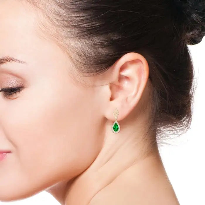 Emerald Halo Diamond Drop Earrings Pear Shape Emerald Dangle Earrings in May Birthstone 14K Rose Gold Leaf Design Jewelry