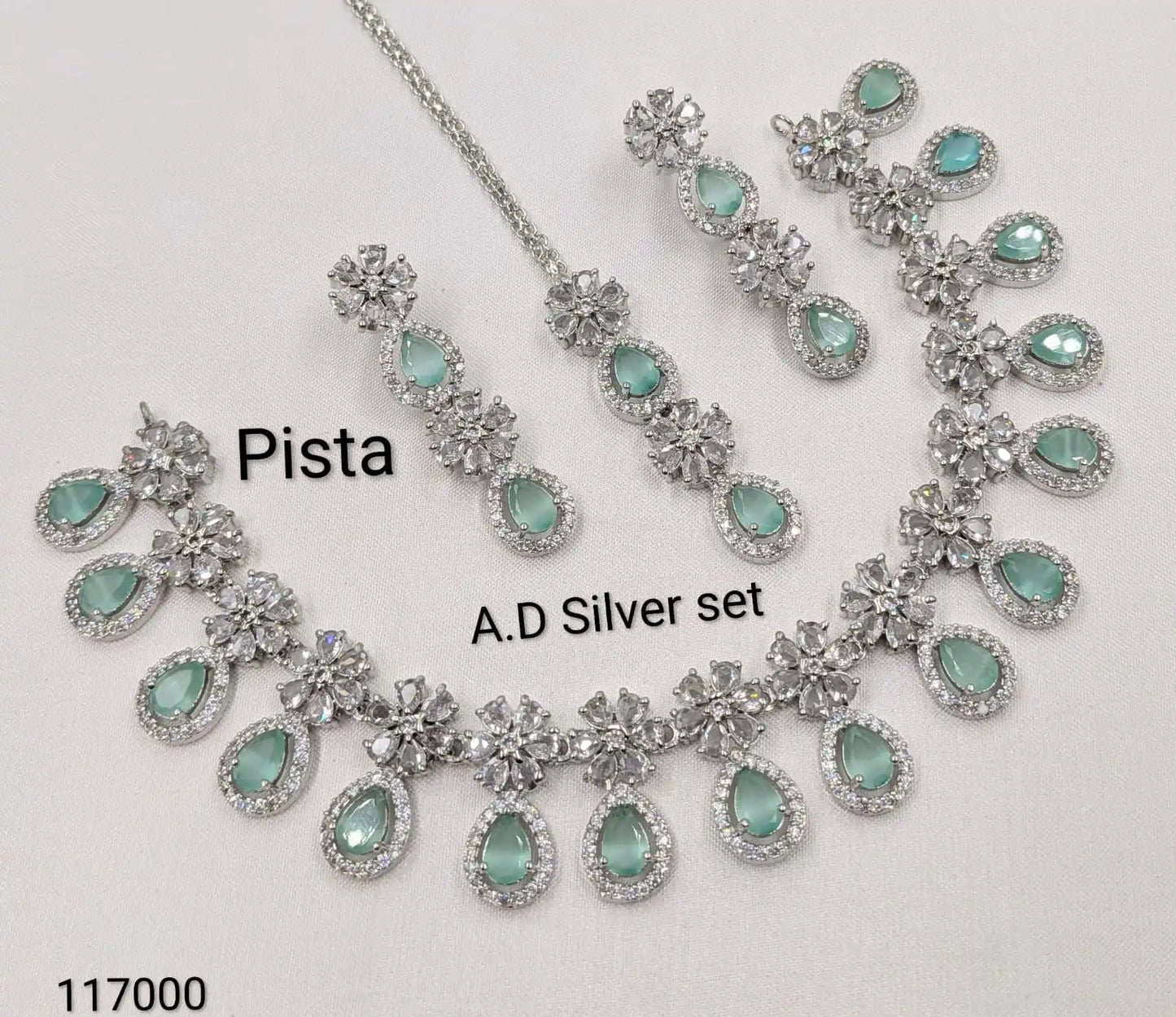 Luxury Green Cubic Zirconia Bridal Jewelry Set Silver Plated Necklace Earrings & Maang Tikka Wedding Party Wear and Occasionally