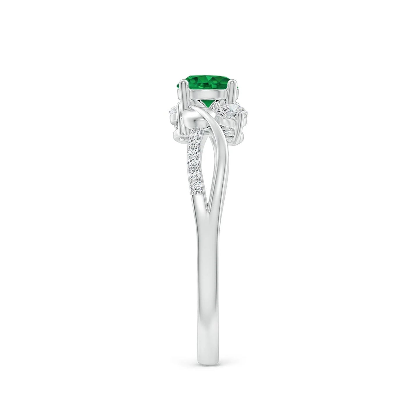 14K Solid Gold Round Brilliant Cut Natural Green Emerald Engagement Ring with Pave Setting Twisted Diamond Band Solitaire Ring