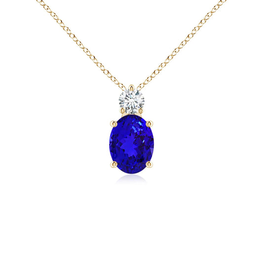 14k Solid Gold Natural Oval Blue Sapphire Solitaire Pendant With Diamond Prong Setting Two Stone Pendant Link Chain Necklace