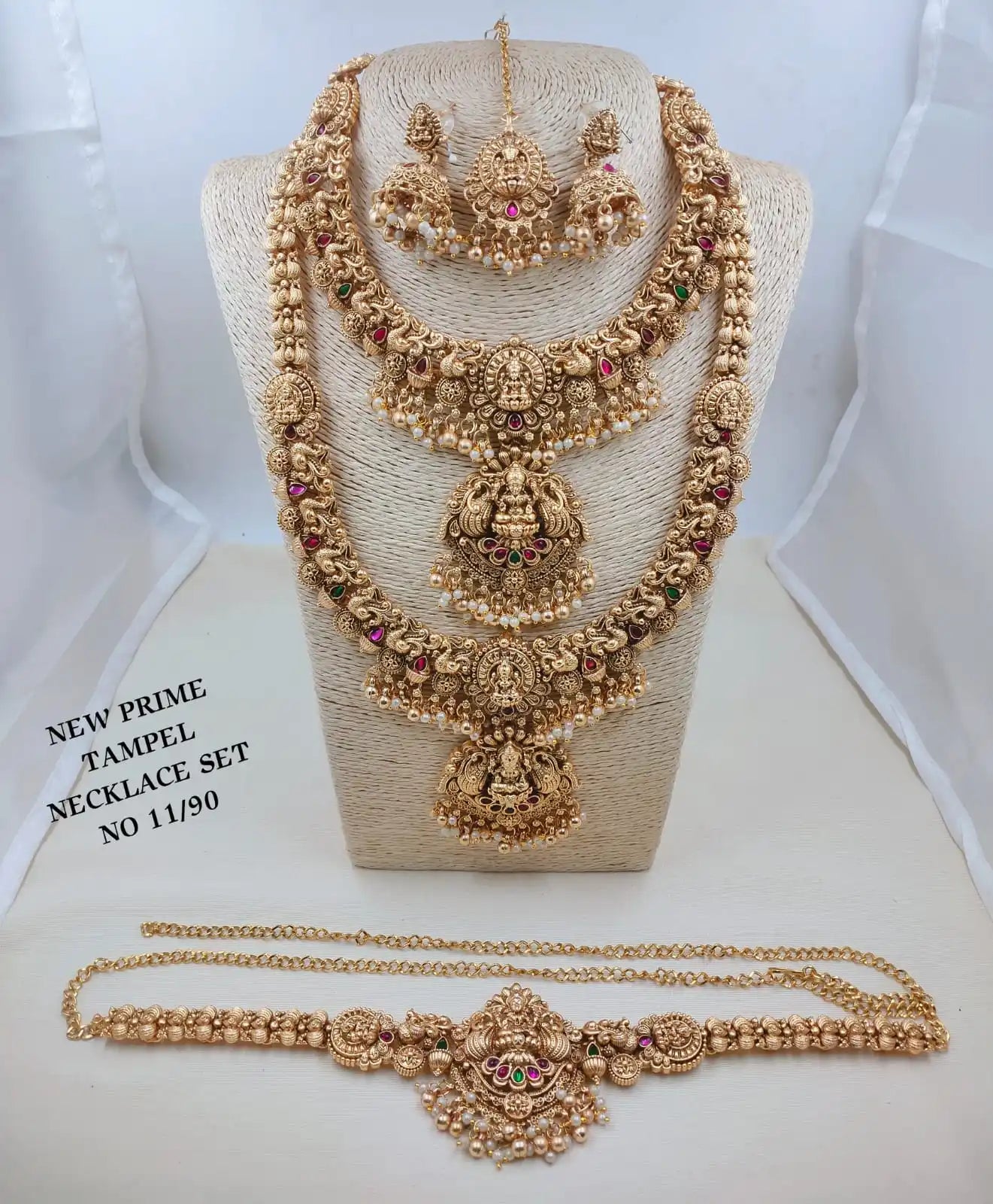 Luxury Temple Jewellery Bridal Necklace Set Antique Gold Plated Brass Long Haram Choker Vaddanam Wedding Set for Women Set