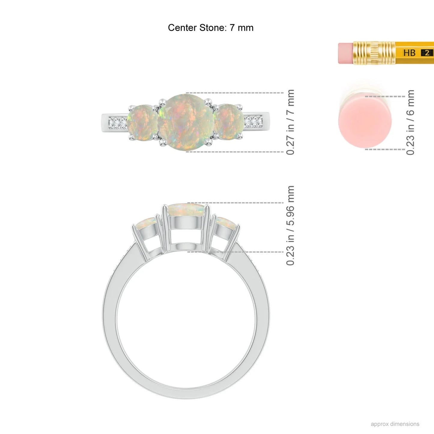 14k Solid Gold 7mm & 4mm 2.20 Ctw Round Cut Opal With pave Accent Diamond Ring Three Stone Prong Sett Trilogy Ring Fine Jewelry