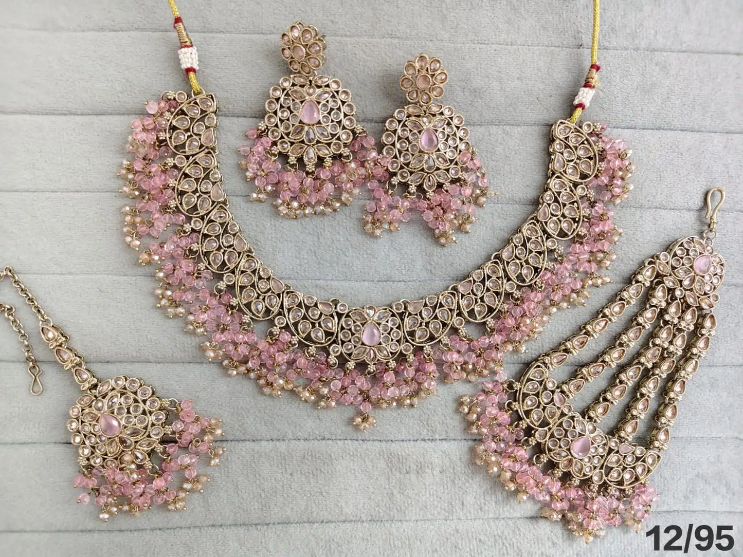 Luxury Gold Plated Black Kundan Bridal Necklace Set with Zircon Crystal Beads Earrings Maang Tikka & Hathphool Wedding Jewelry