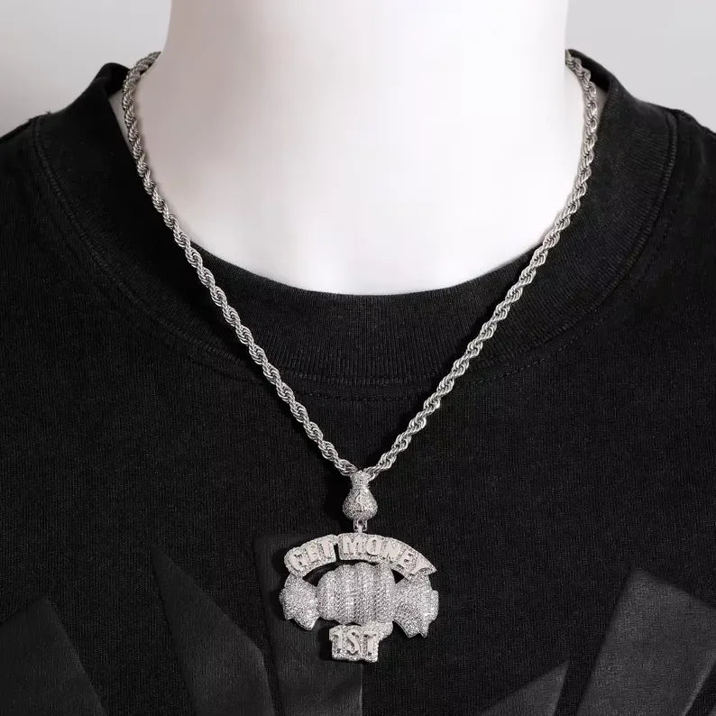 BiG-BOSS 925 Silver Get Money Pendant Necklace for Men Iced Out Moissanite Hip Hop Statement Jewellery