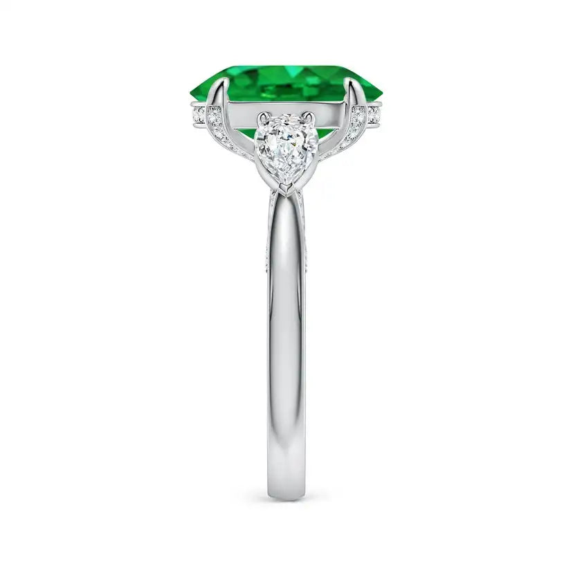 14K Solid Gold Oval Emerald and Sideways Pear Diamond Three-Stone Engagement Ring Handmade Customized Fine Jewelry Wedding