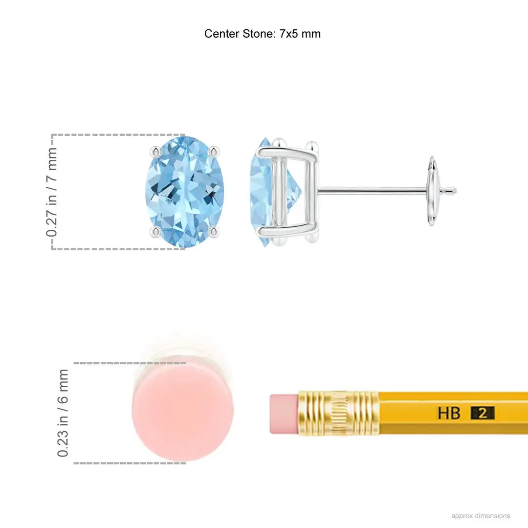 Natural Blue Aquamarine Stud Earrings Oval Cut White Gold Solitaire Earrings March Birthstone Fine Jewelry for Women