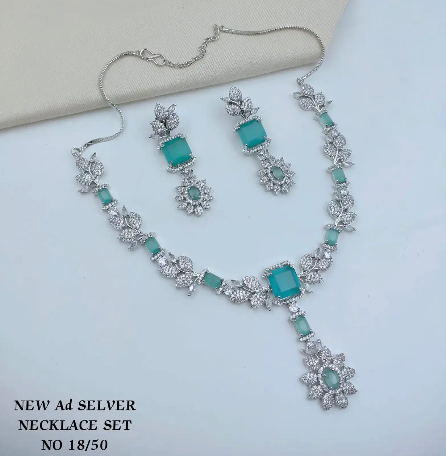 Designer Green AD Silver Plated Emerald Cut CZ Necklace Set with Earrings Floral Leaf Party Wear Jewelry Wholesale Set For Women