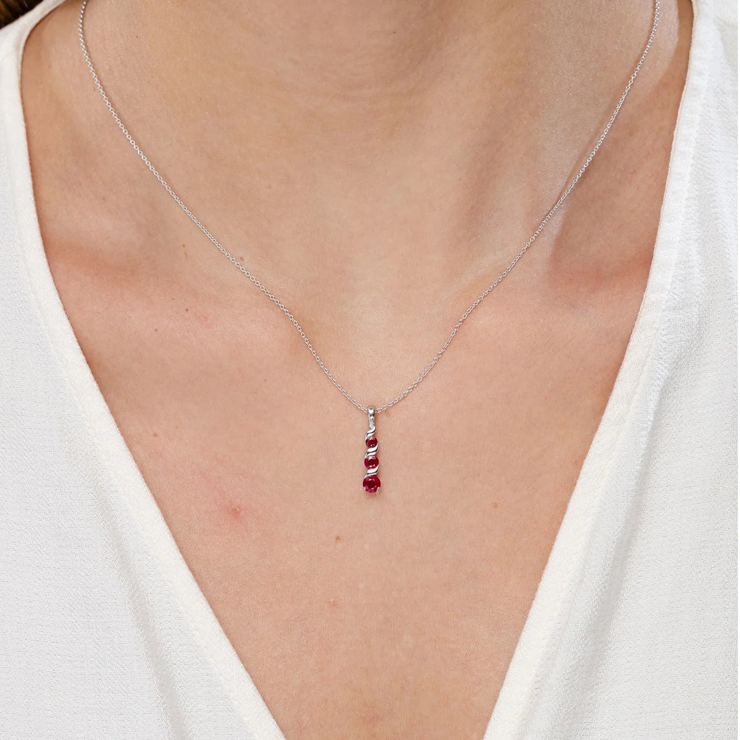 14K Solid Gold Channel-Set Round Cut Ruby Three Gemstone Journey Pendant Link Chain Necklace Party Wear Unique Spiral Pendant