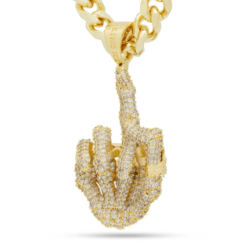 BiG-BOSS Iced Out Gold Tone 925 Sterling Silver Middle Finger Pendant Necklace with Moissanite Stones for Men Hip Hop Fashion Jewellery