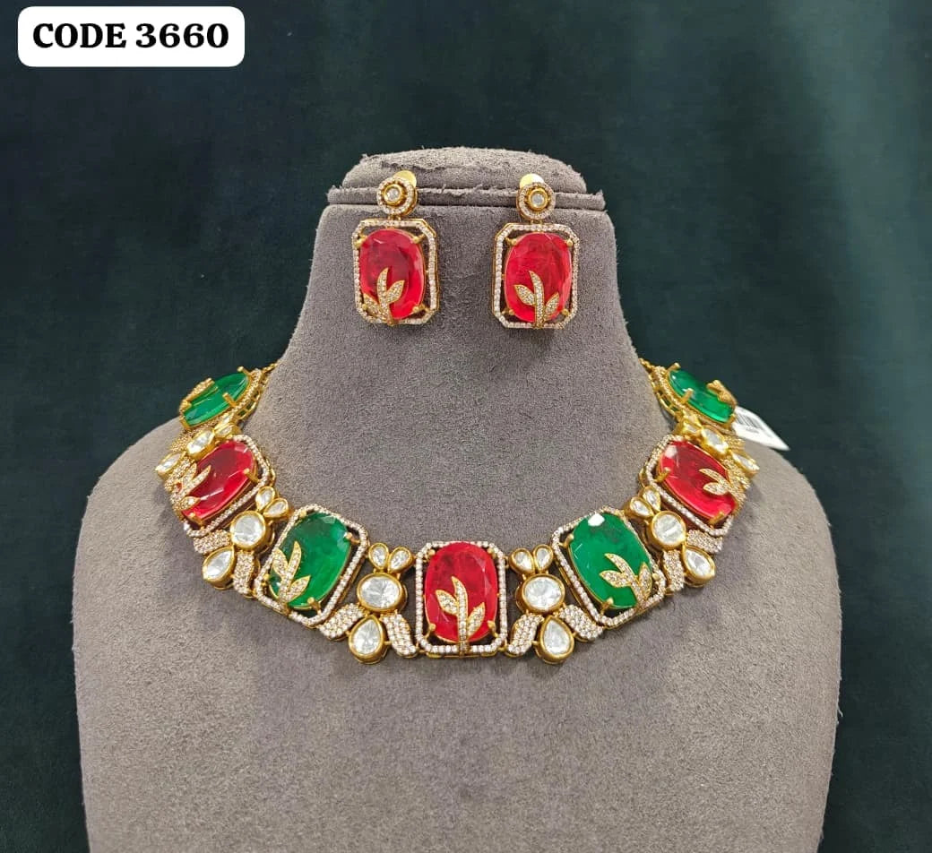 Luxury Emerald Green Leaf Designer Necklace Set with Geometric Stones Floral Motif Party Wedding Jewelry for Women set