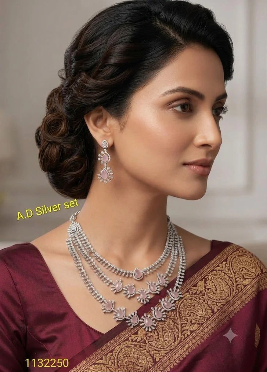 Luxury Layered AD Silver Pink Necklace Set Premium Bridal Wedding Party Wear Jewelry with Matching Earrings for Women